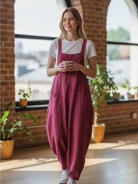 Berry Pink Loose-Fit Linen Overalls